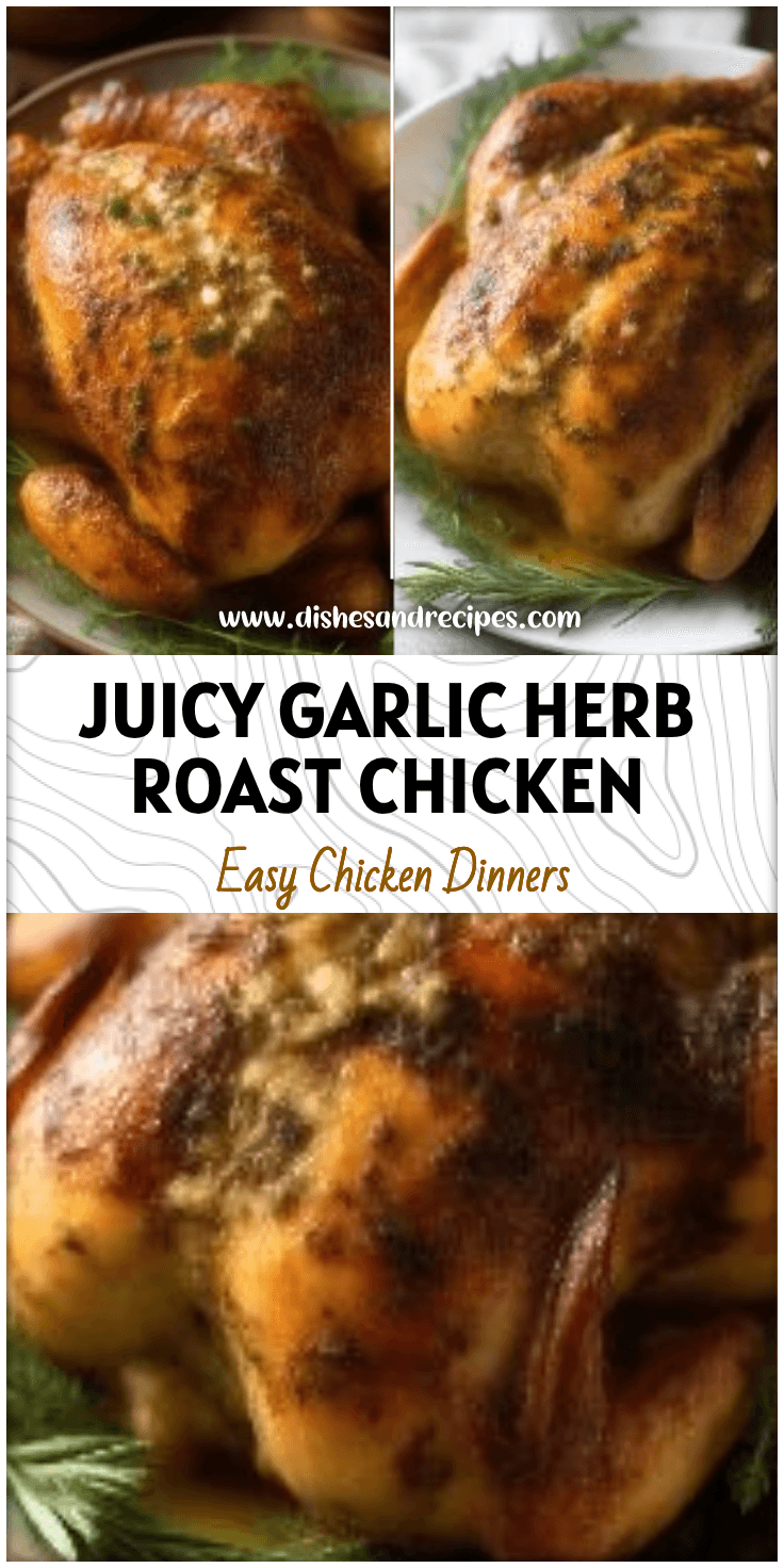 Golden roasted whole chicken topped with garlic butter and herbs on a serving platter with rustic sides.